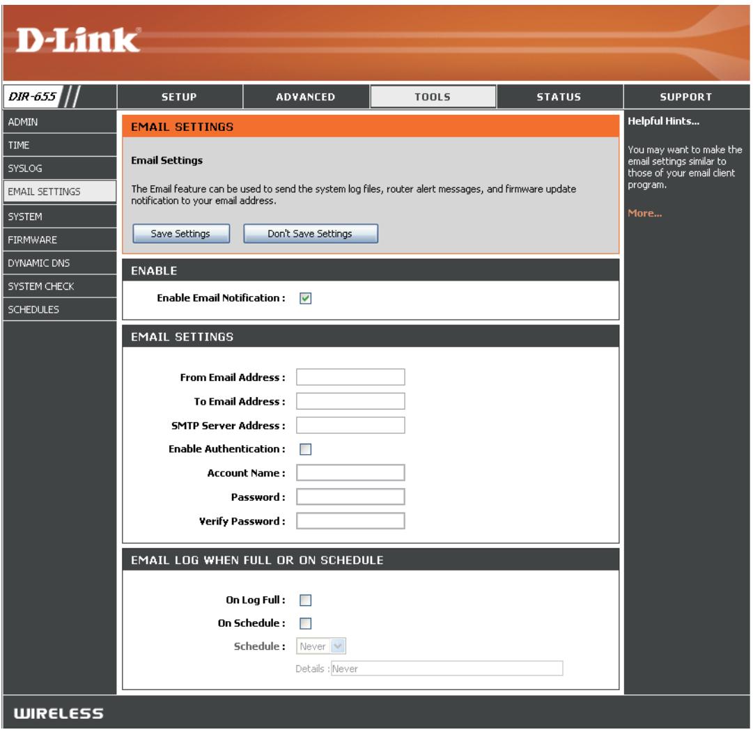 D-LINK DIR-655 - Paramètres du courrier électronique - 1