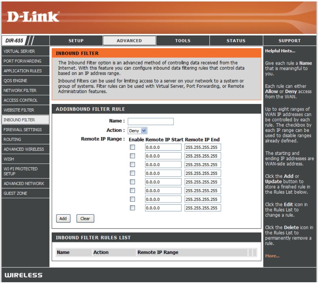 D-LINK DIR-655 - Inbound Filters (Filtres entrants) - 1
