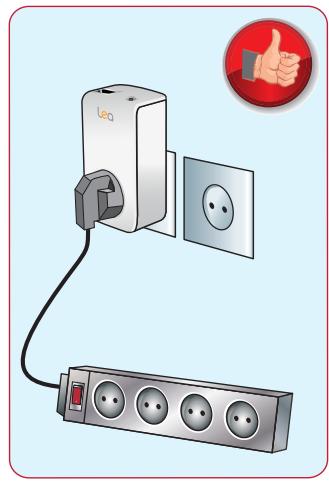 Diagram showing a wall-mounted power strip connected to a multi-pin electrical socket, with a thumbs-up icon indicating positive reception.