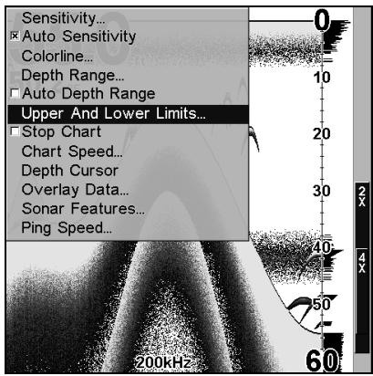 LOWRANCE X102C - Portée en profondeur - limites supérieure et inférieure - 1