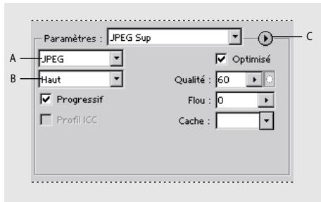Paramètres : JPEG Sup A JPEG B Haut ✓ Progressif ✓ Profil ICC Optimisé Qualité : 60 Flou : 0 Cache :