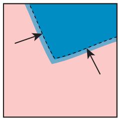 Abstract geometric diagram with a blue polygon and dashed lines on pink background, no text or symbols present