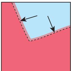 Abstract geometric diagram with red and blue regions and two black arrows indicating direction (no text or symbols)