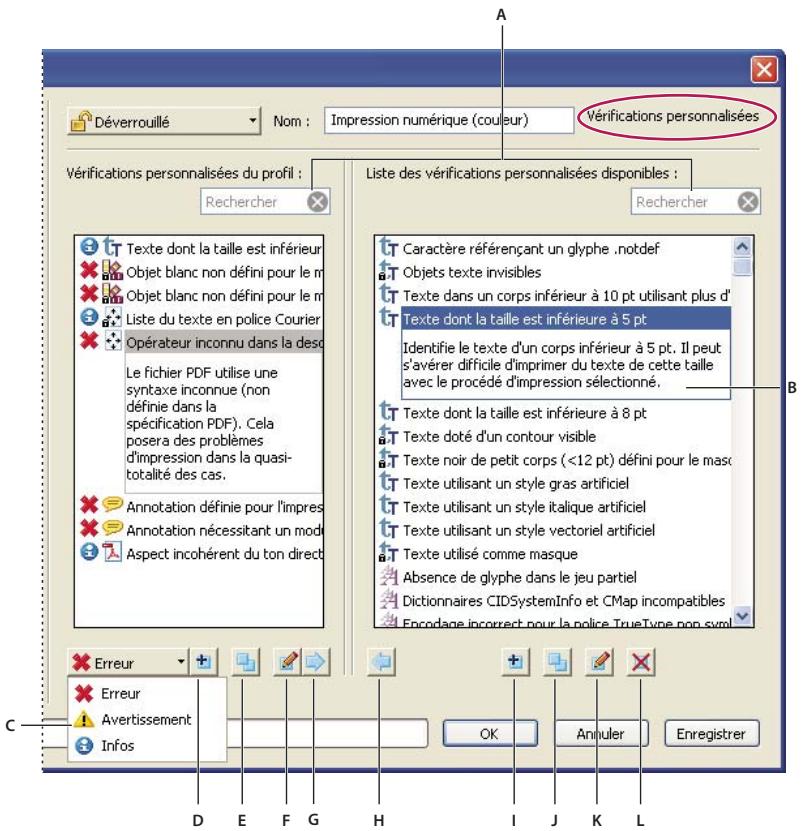 ADOBE ACROBAT X PRO - Présentation de la boîte de dialogue Contrôle en amont : Modifier le profil (Vérifications personalisées) - 1