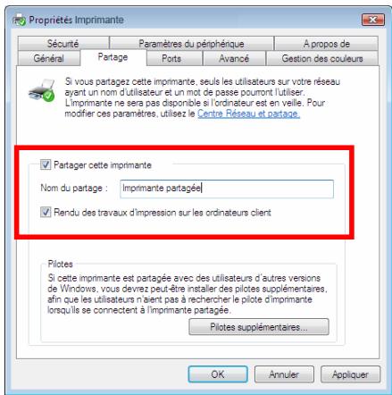 Propriétés Imprimante Sécurité Paramètres du périphérique A propos de Général Partage Ports Avancé Gestion des couleurs Si vous partagez cette imprimante, seuls les utilisateurs sur votre réseau ayant un nom d'utilisateur et un mot de passe pourront l'utiliser. L'imprimante ne sera pas disponible si l'ordinateur est en veille. Pour modifier ces paramètres, utilisez le Centre Réseau et partage. ✓ Partager cette imprimante Nom du partage : Imprimante partagée! ✓ Rendu des travaux d'impression sur les ordinateurs client Pilotes Si cette imprimante est partagée avec des utilisateurs d'autres versions de Windows, vous devrez peut-être installer des pilotes supplémentaires, afin que les utilisateurs n'aient pas à rechercher le pilote d'imprimante lorsqu'ils se connectent à l'imprimante partagée. Pilotes supplémentaires... OK Annuler Appliquer