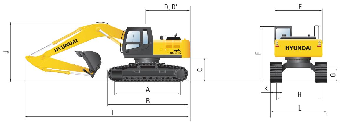 HYUNDAI R290LC-7A - Dimensions et rayon d'action - 2