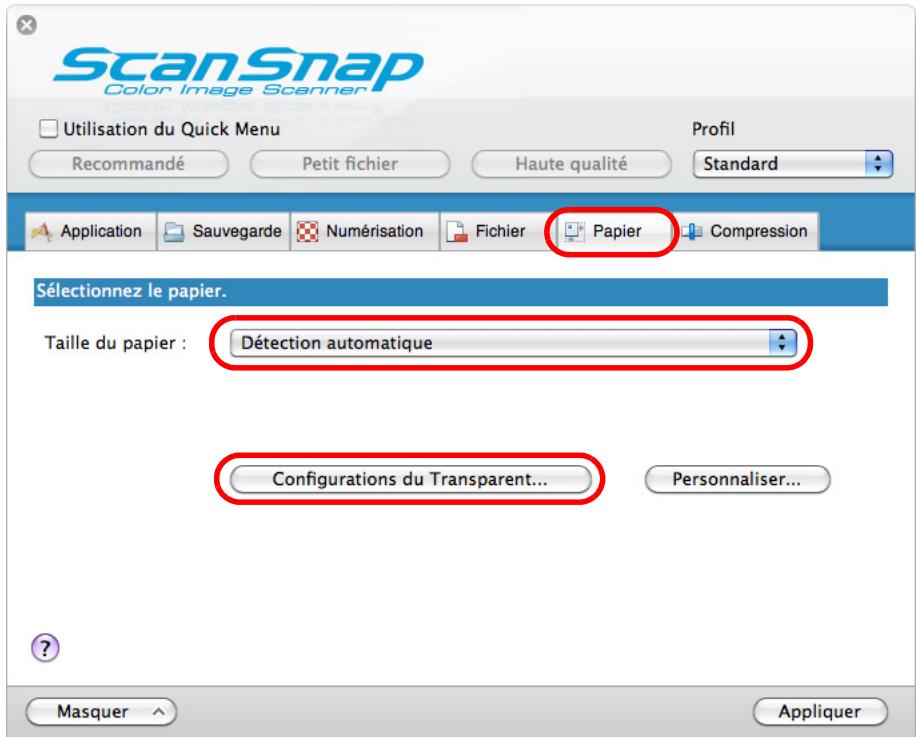 FUJITSU SCANSNAP S1100 DELUXE, SCANSNAP S1100I - Dans l'onglet Papier, Sélectionnez Détection automatique dans Taille du papier, puis cliquez sur le bouton Configurations du Transparent. - 1