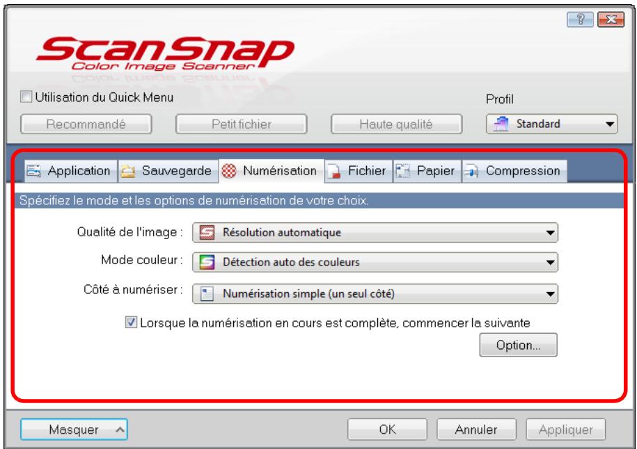 FUJITSU SCANSNAP S1100 DELUXE, SCANSNAP S1100I - Configurez les paramètres de numérisation dans chaque onglet. - 1