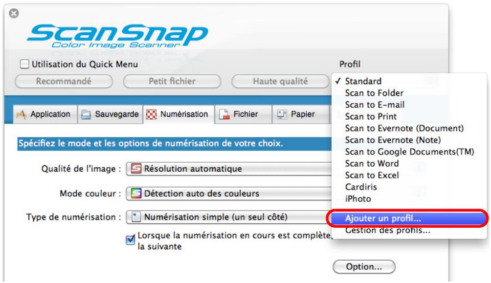 FUJITSU SCANSNAP S1100 DELUXE, SCANSNAP S1100I - Sélectionnez Ajouter un profil dans le menu local Profil. - 1