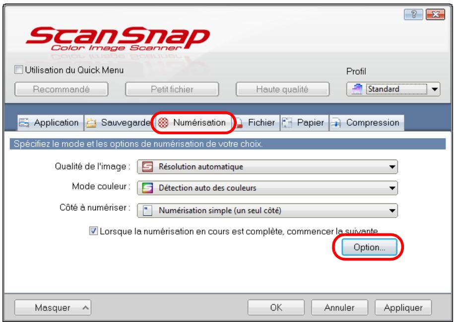FUJITSU SCANSNAP S1100 DELUXE, SCANSNAP S1100I - Cliquez sur le bouton Option de l'onglet Numérisation. - 1