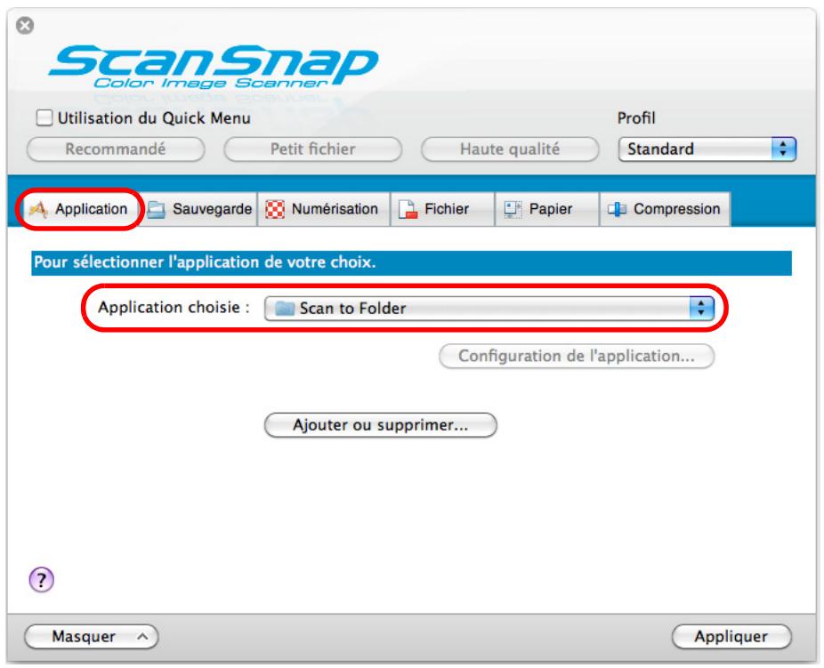 FUJITSU SCANSNAP S1100 DELUXE, SCANSNAP S1100I - Dans le menu local Application chosesie de l'onglet Application, selectionnez Scan to Folder. - 1