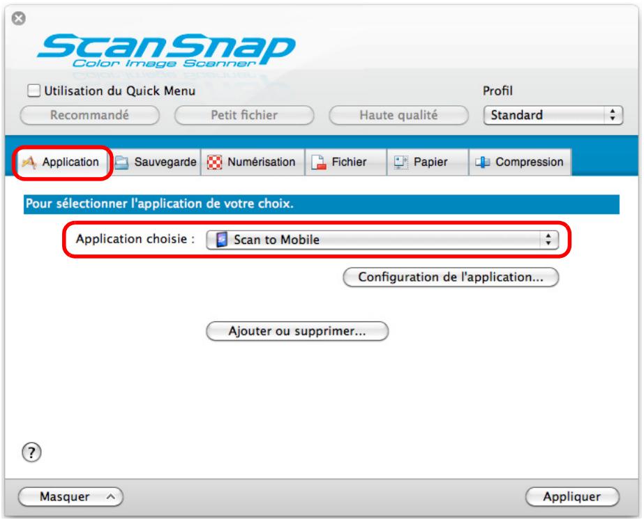 FUJITSU SCANSNAP S1100 DELUXE, SCANSNAP S1100I - Dans le menu local Application chosesie de l'onglet Application, selectionnez Scan to Mobile. - 1