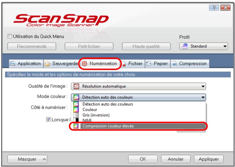 FUJITSU SCANSNAP S1100 DELUXE, SCANSNAP S1100I - Dans la liste déroulante Mode de couleur de l'onglet Numérisation, Sélectionnez Compression couleur élevé. - 1