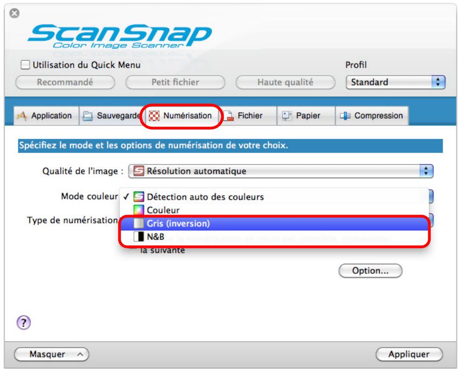 FUJITSU SCANSNAP S1100 DELUXE, SCANSNAP S1100I - Dans le menu local Mode couleur de l'onglet Numérisation, Sélectionnez Gris ou N&B. - 1