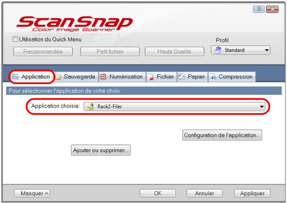 FUJITSU SCANSNAP S1100 DELUXE, SCANSNAP S1100I - Dans la liste déroulante Application chosesie de l'onglet Application, selectionnez Rack2-Filer. - 1