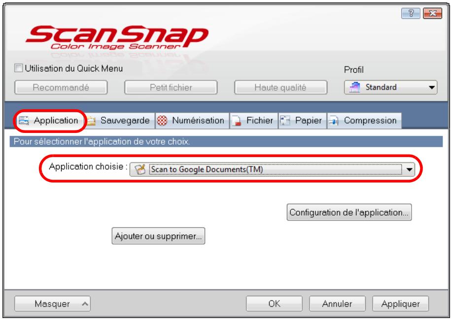 FUJITSU SCANSNAP S1100 DELUXE, SCANSNAP S1100I - Dans la liste déroulante Application chosesie de l'onglet Application, Sélectionnez Scan to Google Documents(TM). - 1