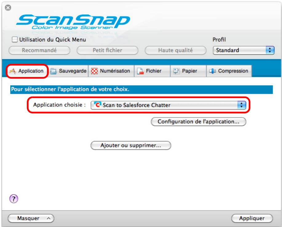 FUJITSU SCANSNAP S1100 DELUXE, SCANSNAP S1100I - Dans le menu local Application chosesie de l'onglet Application, selectionnez Scan to Salesforce Chatter. - 1