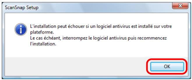 FUJITSU SCANSNAP S1100 DELUXE, SCANSNAP S1100I - Lisez le message concernant le logiciel antivirus et cliquez sur OK. - 1