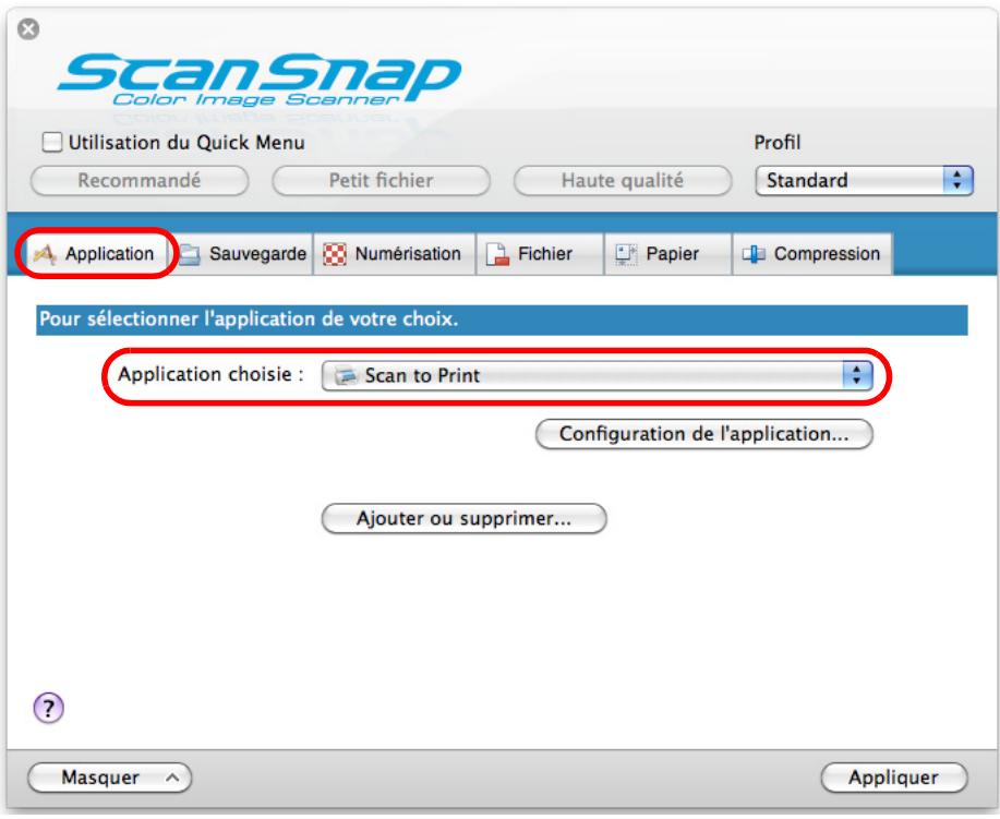 FUJITSU SCANSNAP S1100 DELUXE, SCANSNAP S1100I - Dans le menu local Application chosesie de l'onglet Application, selectionnez Scan to Print. - 1