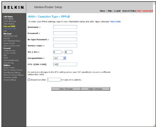 BELKIN MODEM ROUTEUR SANS FIL N+ #F5D8635ED4A - Configuration de la connexion de type PPPoE ou PPPoA - 1