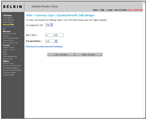 BELKIN MODEM ROUTEUR SANS FIL N+ #F5D8635ED4A - Configuration de votre type de connexion avec IP Dynamique/Fixe (1483 Bridged) - 1