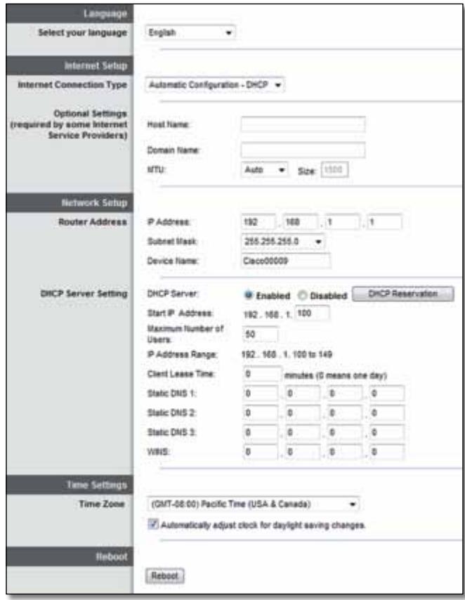 LINKSYS E2500 - Setup > Basic Setup (HactpoJka > OCHOBHN HactpoJKN) - 1