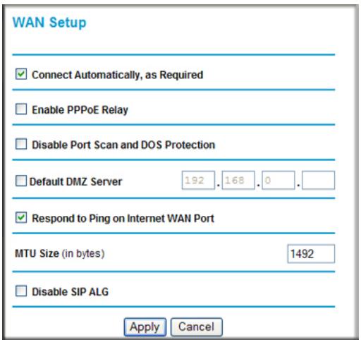 WAN Setup Connect Automatically, as Required Enable PPPoE Relay Disable Port Scan and DOS Protection Default DMZ Server 192 . 168 . 0 . Respond to Ping on Internet WAN Port MTU Size (in bytes) 1492 Disable SIP ALG Apply Cancel