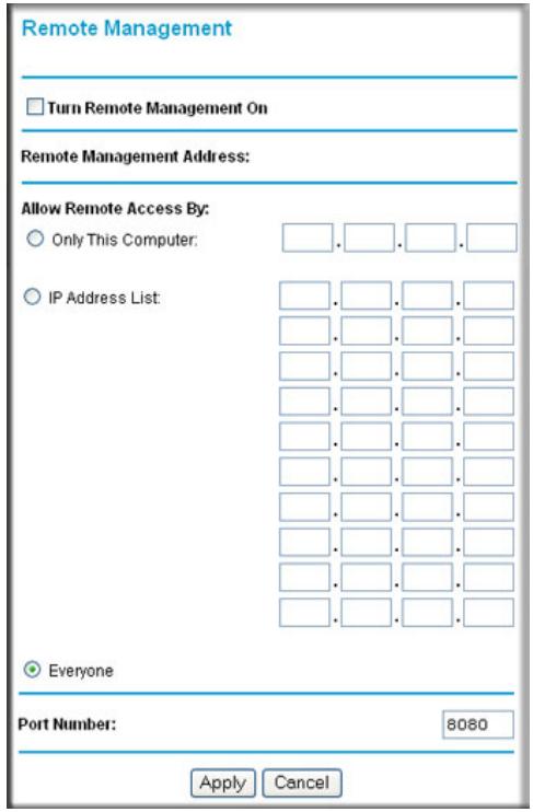 Remote Management Turn Remote Management On Remote Management Address: Allow Remote Access By: Only This Computer: IP Address List: Everyone Port Number: 8080 Apply Cancel