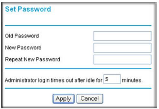 Set Password Old Password New Password Repeat New Password Administrator login times out after idle for 5 minutes. Apply Cancel