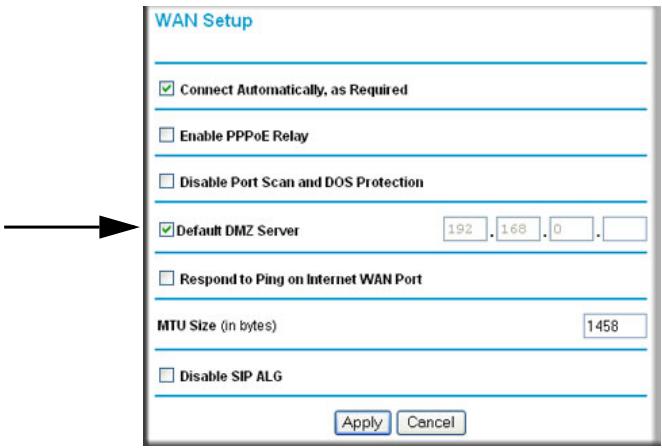 WAN Setup Connect Automatically, as Required Enable PPPoE Relay Disable Port Scan and DOS Protection Default DMZ Server 192 . 168 . 0 . Respond to Ping on Internet WAN Port MTU Size (in bytes) 1458 Disable SIP ALG Apply Cancel