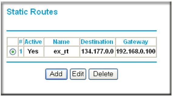 Static Routes Active Name Destination Gateway 1 Yes ex_rt 134.177.0.0 192.168.0.100 Add Edit Delete