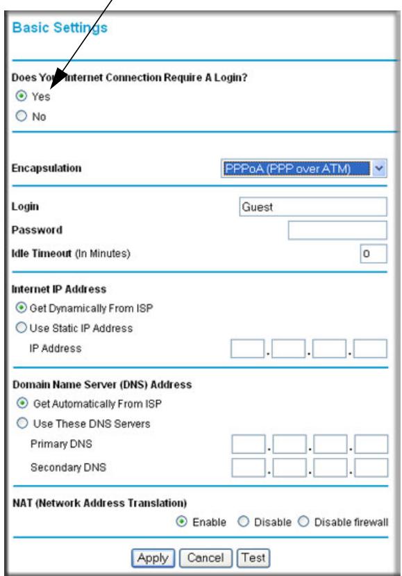 Basic Settings Does Your Internet Connection Require A Login? Yes No Encapsulation PPPoA (PPP over ATM) Login Guest Password Idle Timeout (In Minutes) 0 Internet IP Address Get Dynamically From ISP Use Static IP Address IP Address . . . . Domain Name Server (DNS) Address Get Automatically From ISP Use These DNS Servers Primary DNS . . . . Secondary DNS . . . . NAT (Network Address Translation) Enable Disable Disable firewall Apply Cancel Test