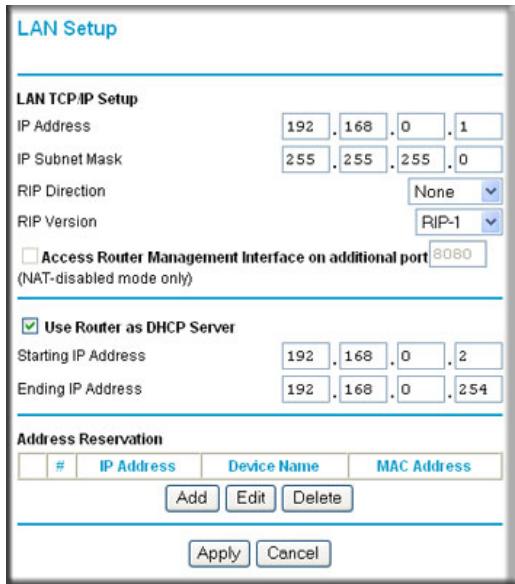 LAN Setup LAN TCP/IP Setup IP Address 192 . 168 . 0 . 1 IP Subnet Mask 255 . 255 . 255 . 0 RIP Direction None RIP Version RIP-1 □ Access Router Management Interface on additional port 8080 (NAT-disabled mode only) ✓ Use Router as DHCP Server Starting IP Address 192 . 168 . 0 . 2 Ending IP Address 192 . 168 . 0 . 254 Address Reservation IP Address Device Name MAC Address Add Edit Delete Apply Cancel