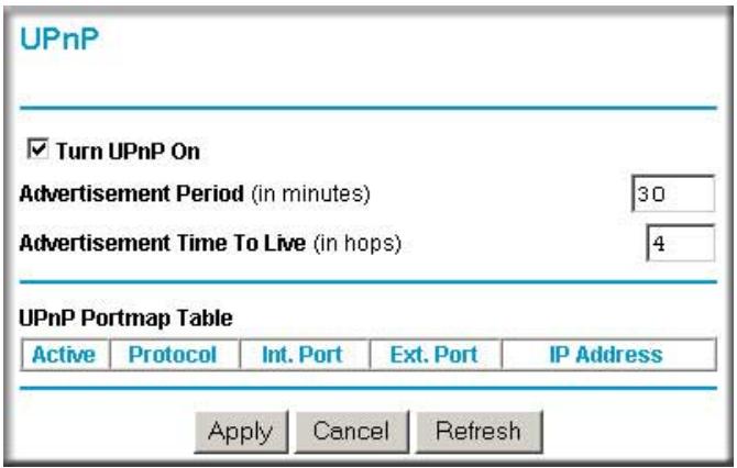 UPnP ✓ Turn UPnP On Advertisement Period (in minutes) 30 Advertisement Time To Live (in hops) 4 UPnP Portmap Table Active Protocol Int. Port Ext. Port IP Address Apply Cancel Refresh