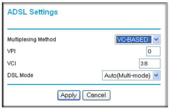 ADSL Settings Multiplexing Method VC-BASED VPI 0 VCI 38 DSL Mode Auto(Multi-mode) Apply Cancel