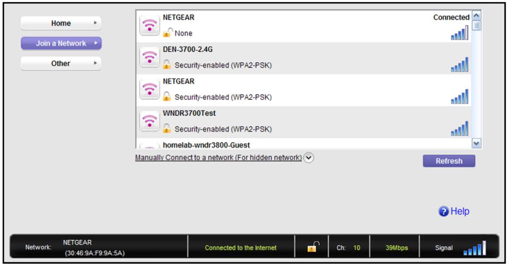 Home Join a Network Other NETGEAR None DEN-3700-2.4G Security-enabled (WPA2-PSK) NETGEAR Security-enabled (WPA2-PSK) WNDR3700Test Security-enabled (WPA2-PSK) homelab-wndr3800-Guest Connected Refresh Help Network: NETGEAR (30:46:9A:F9:9A:5A) Connected to the Internet Ch: 10 39Mbps Signal