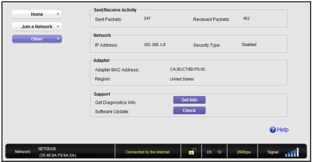 Home Join a Network Other Sent/Receive Activity Sent Packets: 347 Received Packets: 402 Network IP Address: 192.168.1.8 Security Type: Disabled Adapter Adapter MAC Address: C4:3D:C7:BD:F0:9C Region: United States Support Get Diagnostics Info: Get Info Software Update: Check Network: NETGEAR (30:46:9A:F9:9A:5A) Connected to the Internet Ch: 10 26Mbps Signal