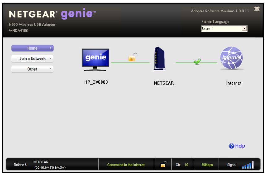 NETGEAR® genie™ N900 Wireless USB Adapter WNDA4100 Adapter Software Version: 1.0.0.11 Select Language: English Home Join a Network Other HP_DV6000 NETGEAR Internet Help Network: NETGEAR (30:46:9A:F9:9A:5A) Connected to the Internet Ch: 10 39Mbps Signal