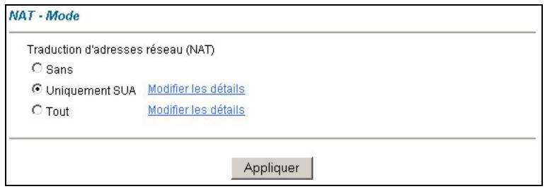 NAT - Mode Traduction d'adresses réseau (NAT) ○ Sans ● Uniquement SUA Modifier les détails ○ Tout Modifier les détails Appliquer