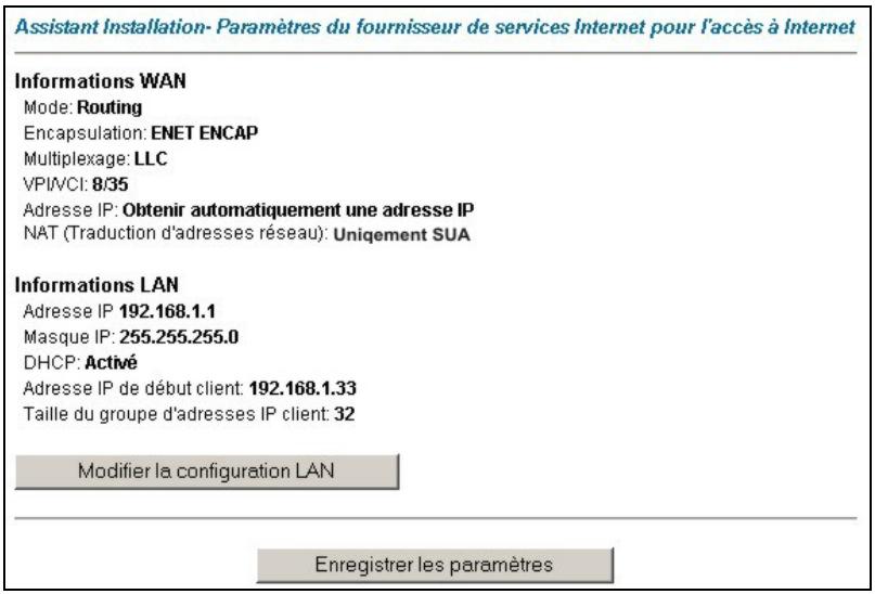 Assistant Installation- Paramètres du fournisseur de services Internet pour l'accès à Internet Informations WAN Mode: Routing Encapsulation: ENET ENCAP Multiplexage: LLC VPI/VCI: 8/35 Adresse IP: Obtenir automatiquement une adresse IP NAT (Traduction d'adresses réseau): Uniqement SUA Informations LAN Adresse IP 192.168.1.1 Masque IP: 255.255.255.0 DHCP: Activé Adresse IP de début client: 192.168.1.33 Taille du groupe d'adresses IP client: 32 Modifier la configuration LAN Enregistrer les paramètres