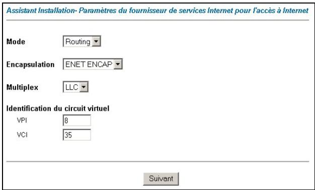 Assistant Installation- Paramètres du fournisseur de services Internet pour l'accès à Internet Mode Routing Encapsulation ENET ENCAP Multiplex LLC Identification du circuit virtuel VPI 8 VCI 35 Suivant