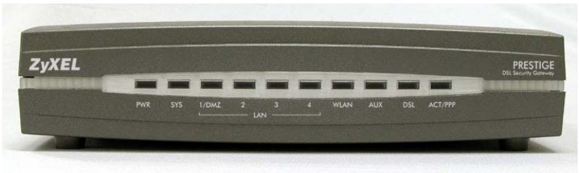 ZyXEL PWR SYS 1/DMZ 2 3 4 WLAN AUX DSL ACT/PPP PRESTIGE DSL Security Gateway