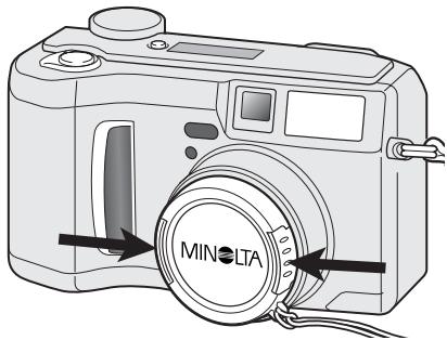 MINOLTA DIMAGE S404 - Fixation de la courroie de COU et du bouchon de l'objectif - 1