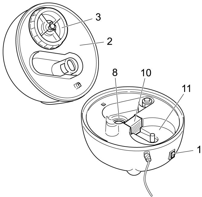 Technical diagram of a device with numbered parts, showing front and side views of a container or appliance.