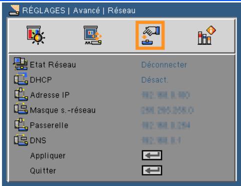 NEC U250X,  U260W,  V230X - RÉGLAGES | Avance | Réseau - 1