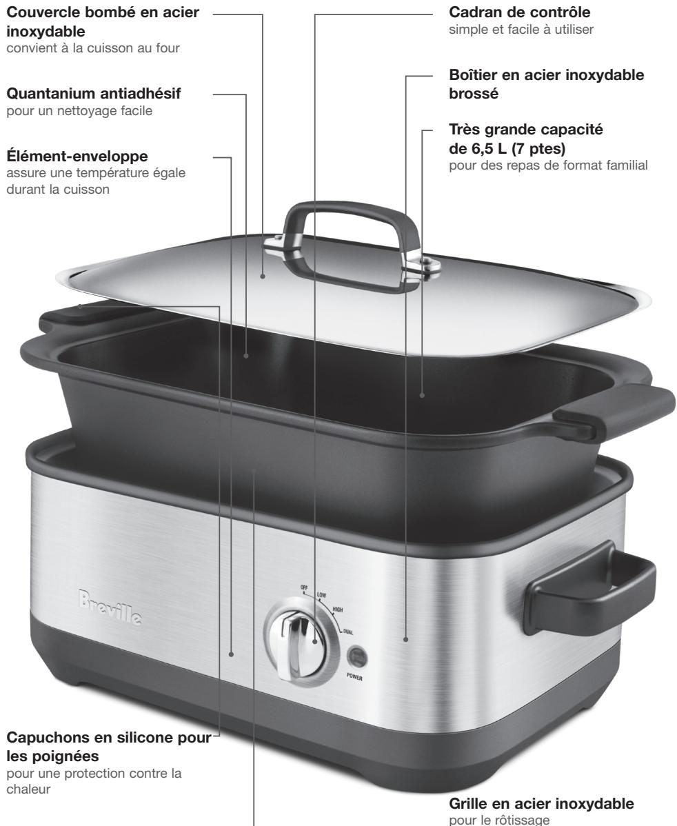 Couvercle bombé en acier inoxydable convient à la cuisson au four Quantanium antiadhésif pour un nettoyage facile Élément-enveloppe assure une température égale durant la cuisson Cadran de contrôle simple et facile à utiliser Boîtier en acier inoxydable brossé Très grande capacité de 6,5 L (7 ptes) pour des repas de format familial Braville Capuchons en silicone pour les poignées pour une protection contre la chaleur Grille en acier inoxydable pour le rôtissage