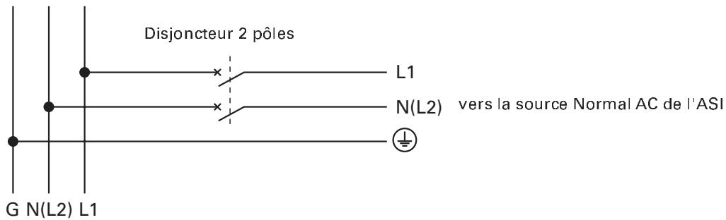 Disjoncteur 2 pôles L1 N(L2) vers la source Normal AC de l'ASI G N(L2) L1