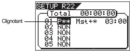 SETUP R22 Total 00:00:00 Clignotant 01 P*** Mst++ 03:00 02 NON 03 NON 04 NON 05 NON
