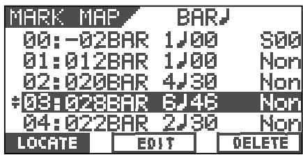 MARK MAP BAR 00: -02BAR 1J00 S00 01: 012BAR 1J00 Non 02: 020BAR 4J30 Non ÷03: 028BAR 6J46 Non 04: 022BAR 2J30 Non LOCATE EDIT DELETE