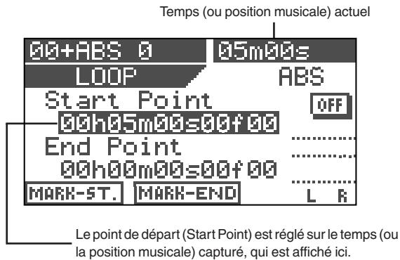 Temps (ou position musicale) actuel 00+ABS 0 05m00s LOOP ABS Start Point OFF 00h05m00s00f00 End Point 00h00m00s00f00 MARK-ST. MARK-END L R Le point de départ (Start Point) est réglé sur le temps (ou la position musicale) capturé, qui est affiché ici.